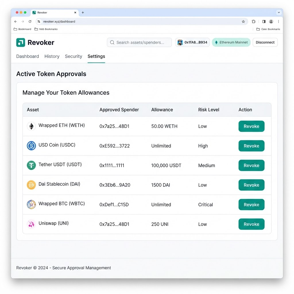 Revoker dashboard showing a list of Ethereum token approvals with revoke buttons